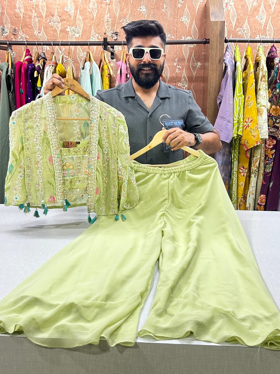 CROP PLAZO WITH EMBROIDERY SHRUG